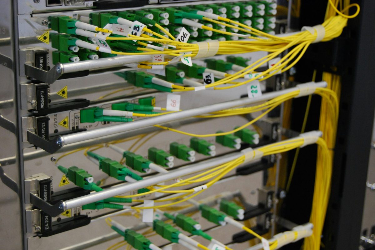 A patch panel in a network cabinet