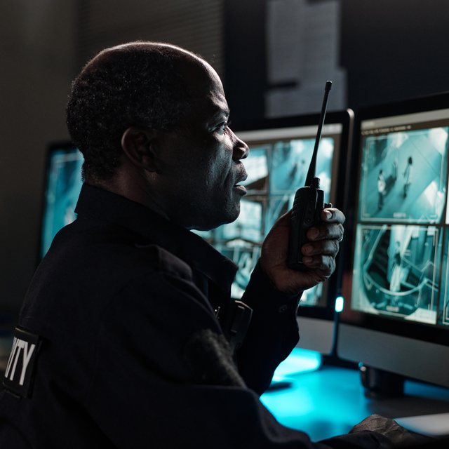 An operator watching a wall of live camera feeds